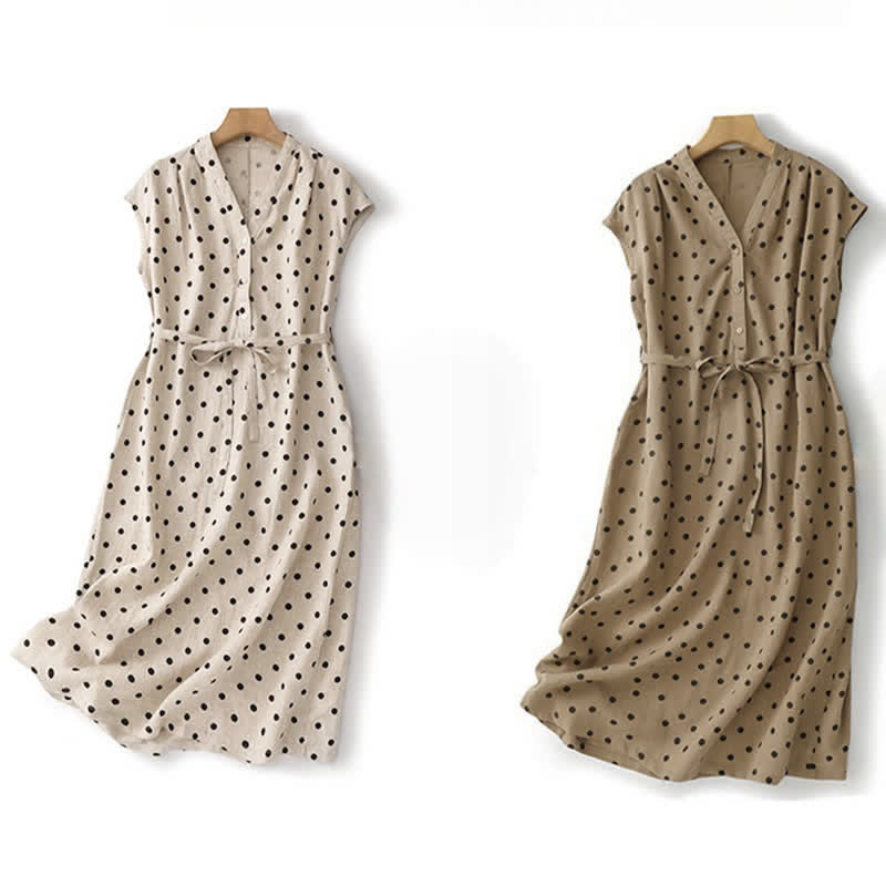 Nimara Ritual Summer Polka Dot V-Neck Lace-up Women's Knee Length Dress With Pockets