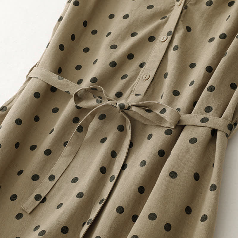 Nimara Ritual Summer Polka Dot V-Neck Lace-up Women's Knee Length Dress With Pockets