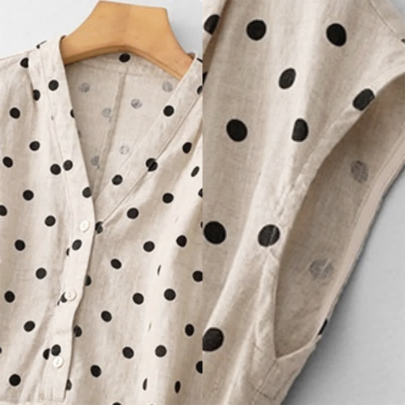 Nimara Ritual Summer Polka Dot V-Neck Lace-up Women's Knee Length Dress With Pockets