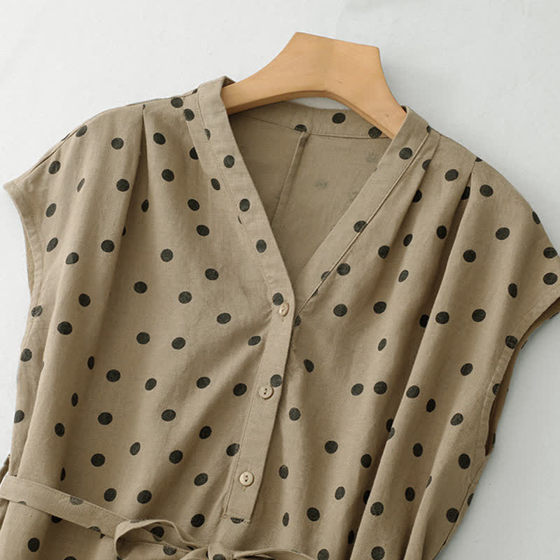 Nimara Ritual Summer Polka Dot V-Neck Lace-up Women's Knee Length Dress With Pockets