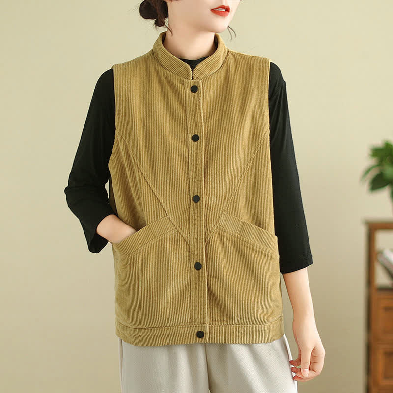 Nimara Ritual Plain Sleeveless Women's Vest Corduroy Waistcoat With Pockets