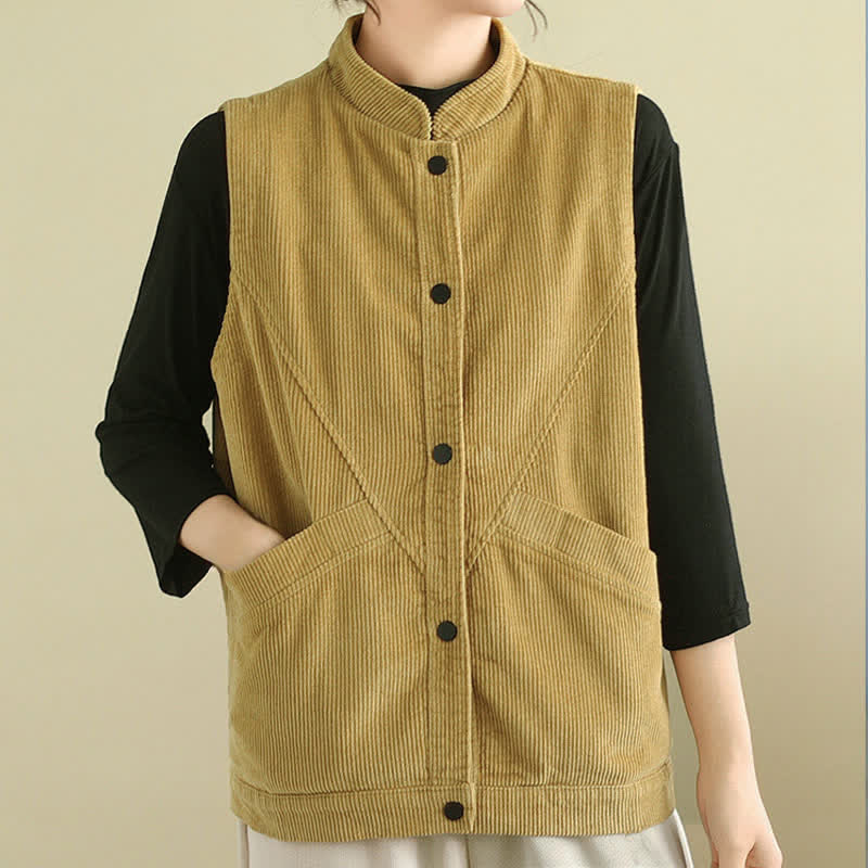 Nimara Ritual Plain Sleeveless Women's Vest Corduroy Waistcoat With Pockets