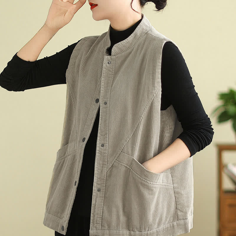 Nimara Ritual Plain Sleeveless Women's Vest Corduroy Waistcoat With Pockets