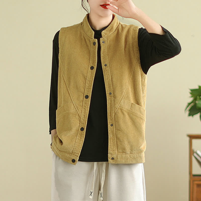 Nimara Ritual Plain Sleeveless Women's Vest Corduroy Waistcoat With Pockets
