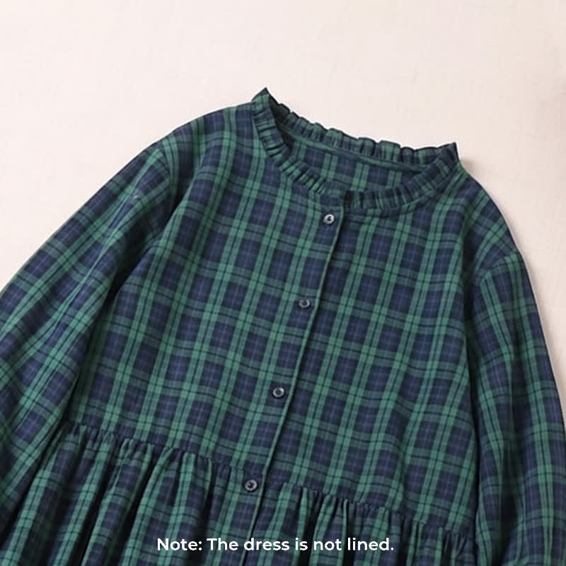 Nimara Ritual Long Sleeve Plaid Simple Buttons Ruffled Design Midi Dress With Pockets
