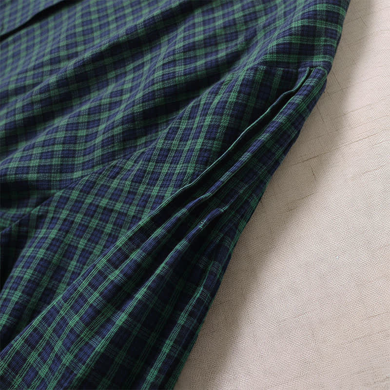 Nimara Ritual Long Sleeve Plaid Simple Buttons Ruffled Design Midi Dress With Pockets