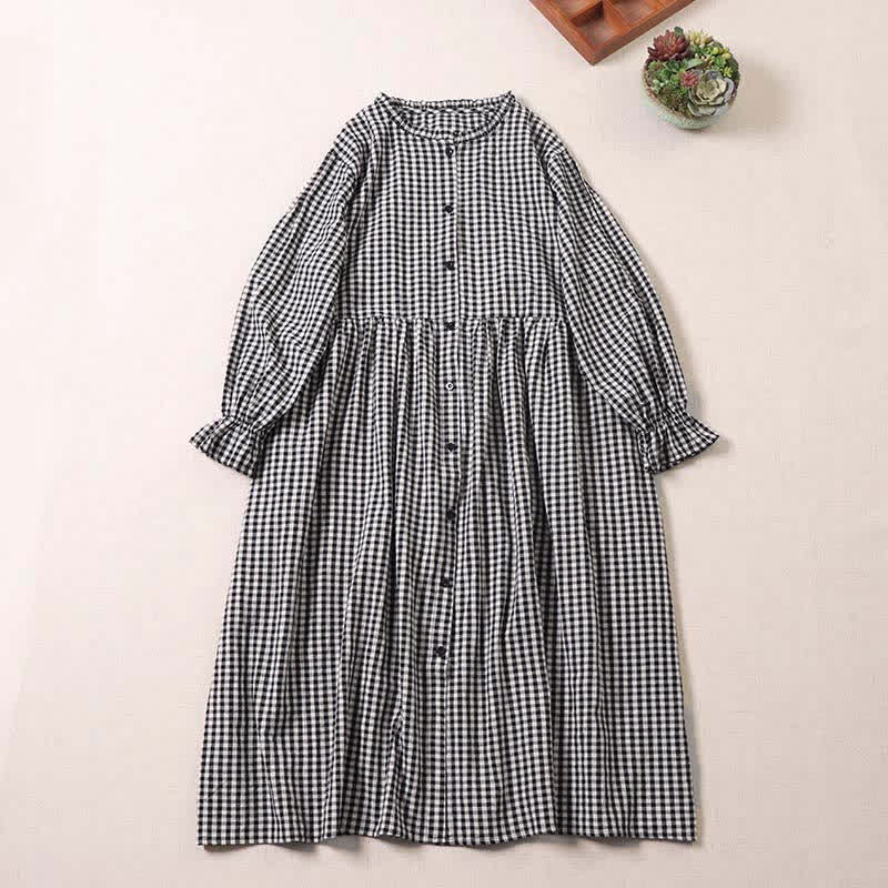 Nimara Ritual Long Sleeve Plaid Simple Buttons Ruffled Design Midi Dress With Pockets