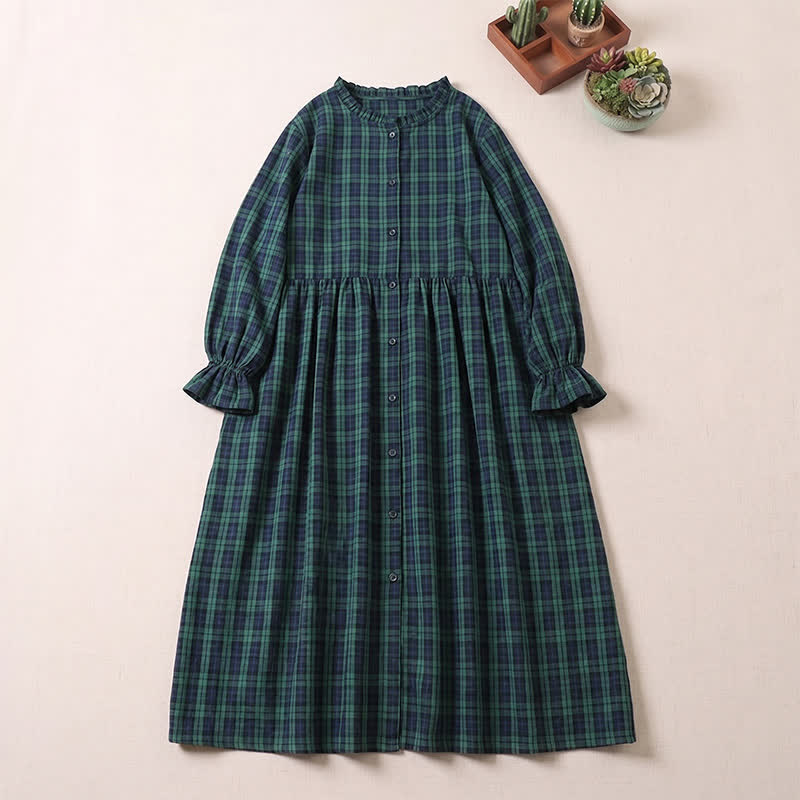 Nimara Ritual Long Sleeve Plaid Simple Buttons Ruffled Design Midi Dress With Pockets