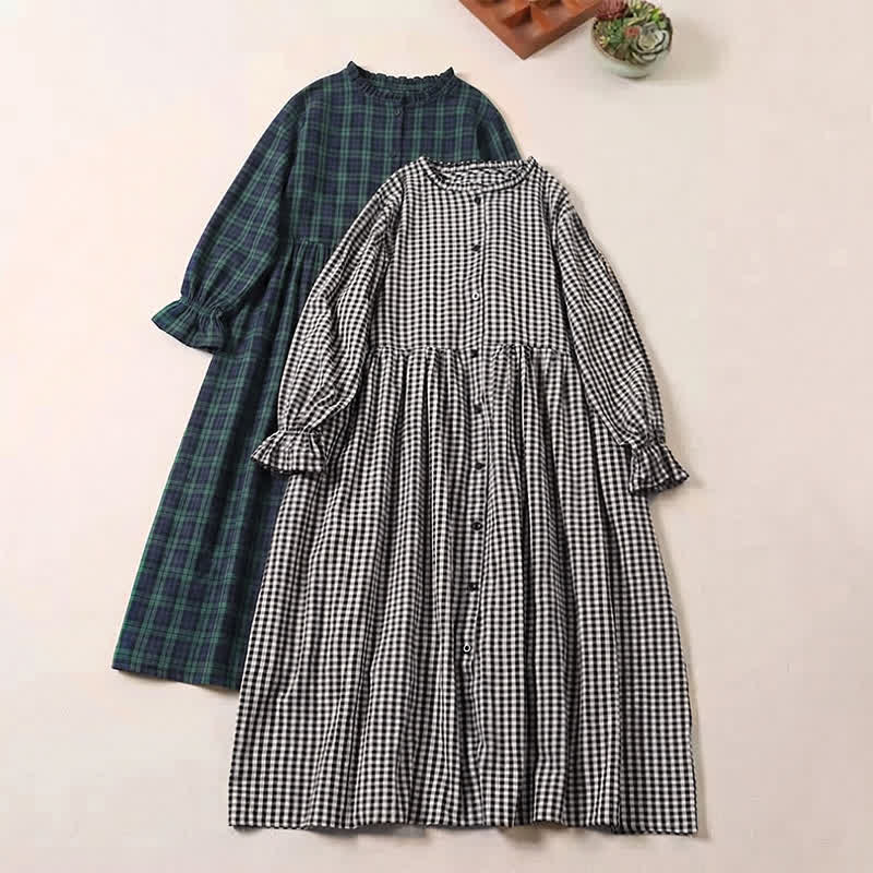 Nimara Ritual Long Sleeve Plaid Simple Buttons Ruffled Design Midi Dress With Pockets