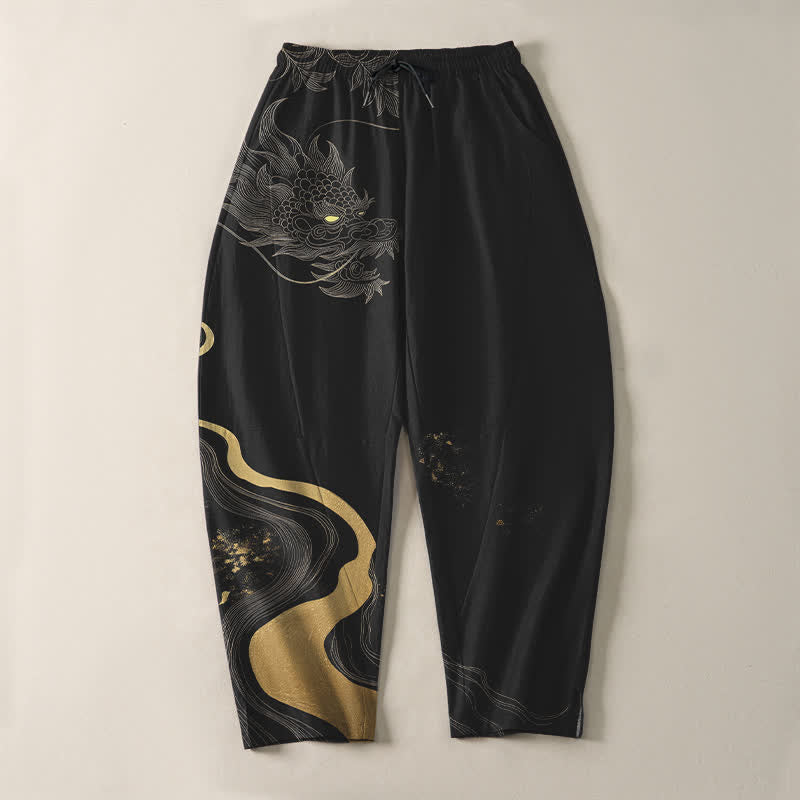 Nimara Ritual Pure Cotton Golden Dragon Cloud Wave Pattern Drawstring Men's Tapered Pants With Pockets