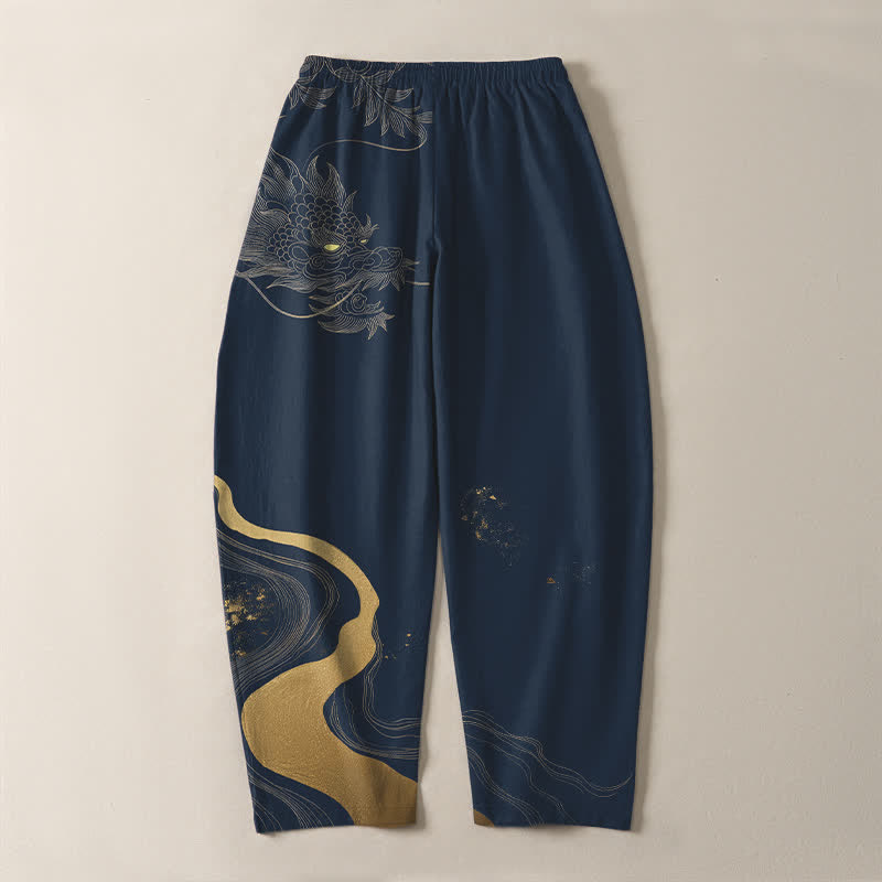 Nimara Ritual Pure Cotton Golden Dragon Cloud Wave Pattern Drawstring Men's Tapered Pants With Pockets