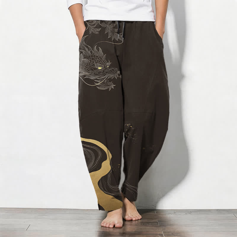 Nimara Ritual Pure Cotton Golden Dragon Cloud Wave Pattern Drawstring Men's Tapered Pants With Pockets