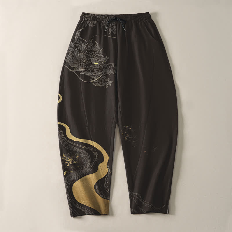 Nimara Ritual Pure Cotton Golden Dragon Cloud Wave Pattern Drawstring Men's Tapered Pants With Pockets