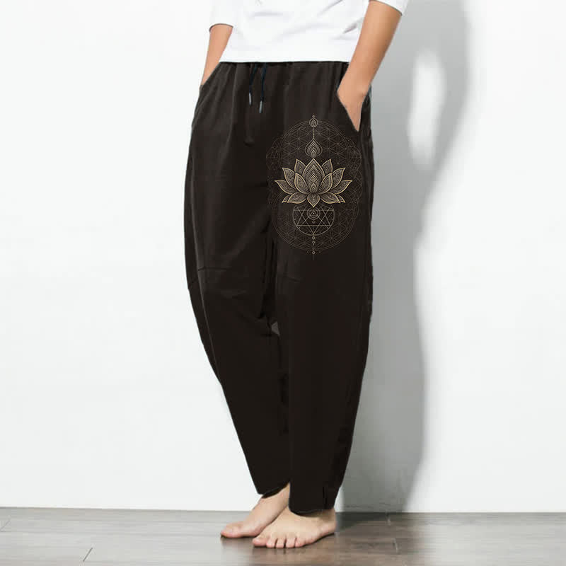 Nimara Ritual Pure Cotton Lotus Mandala Geometry Pattern Drawstring Men's Tapered Pants With Pockets