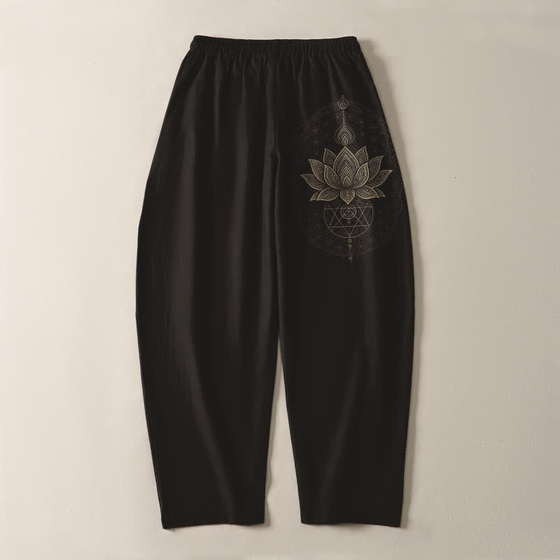Nimara Ritual Pure Cotton Lotus Mandala Geometry Pattern Drawstring Men's Tapered Pants With Pockets