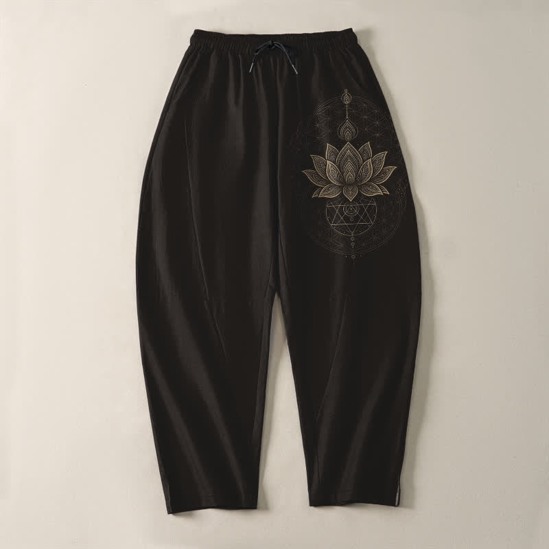 Nimara Ritual Pure Cotton Lotus Mandala Geometry Pattern Drawstring Men's Tapered Pants With Pockets