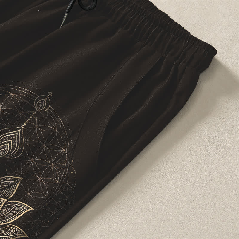 Nimara Ritual Pure Cotton Lotus Mandala Geometry Pattern Drawstring Men's Tapered Pants With Pockets