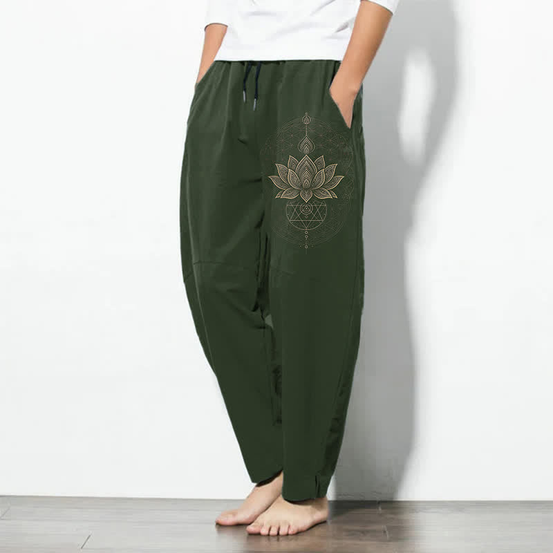 Nimara Ritual Pure Cotton Lotus Mandala Geometry Pattern Drawstring Men's Tapered Pants With Pockets
