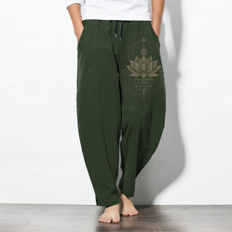 Nimara Ritual Pure Cotton Lotus Mandala Geometry Pattern Drawstring Men's Tapered Pants With Pockets