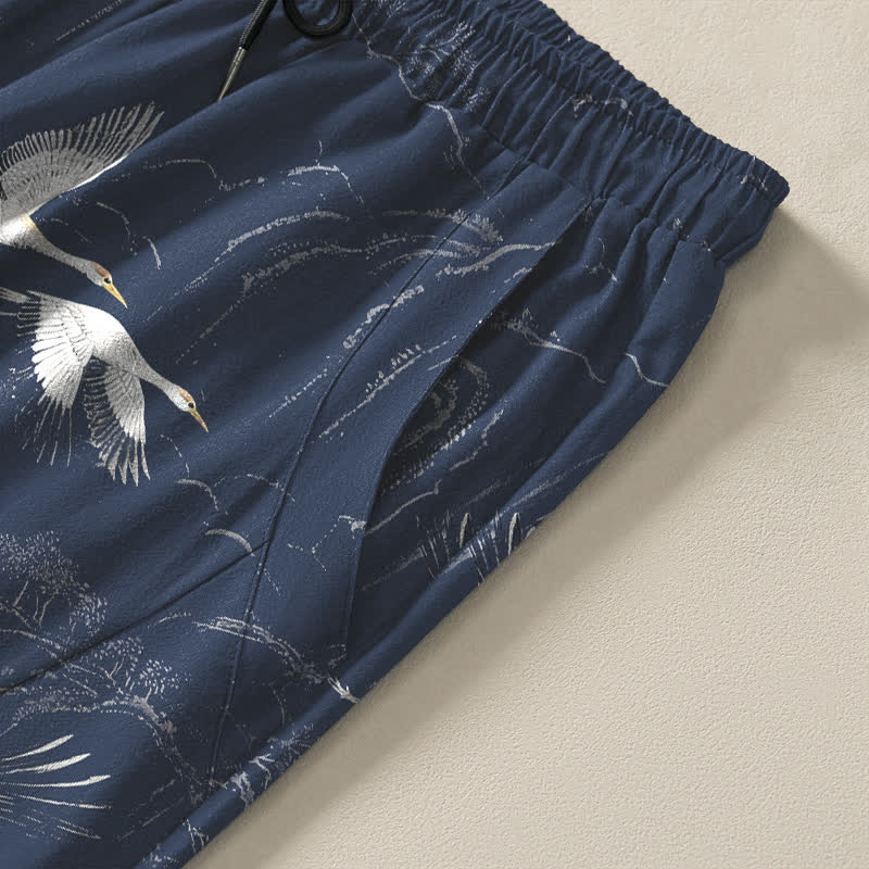 Nimara Ritual Pure Cotton White Crane Pine Pattern Drawstring Men's Tapered Pants With Pockets