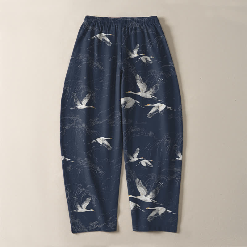 Nimara Ritual Pure Cotton White Crane Pine Pattern Drawstring Men's Tapered Pants With Pockets