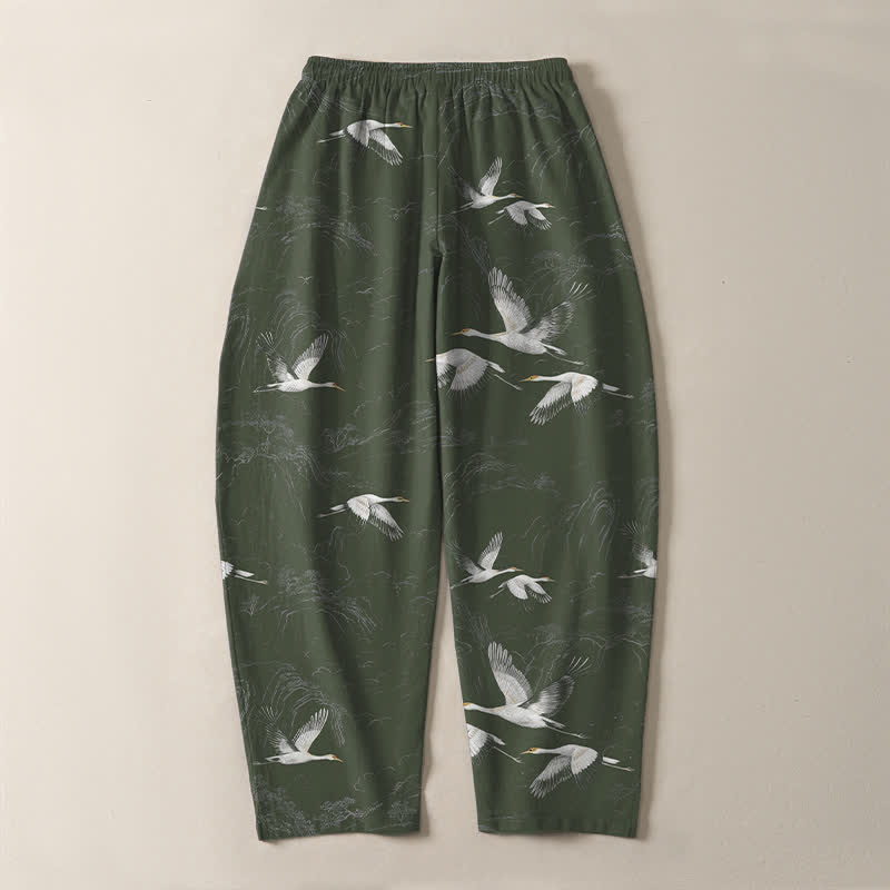 Nimara Ritual Pure Cotton White Crane Pine Pattern Drawstring Men's Tapered Pants With Pockets