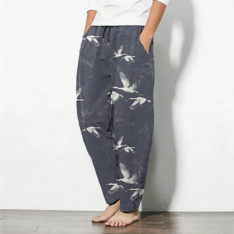 Nimara Ritual Pure Cotton White Crane Pine Pattern Drawstring Men's Tapered Pants With Pockets