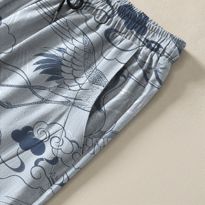 Nimara Ritual Pure Cotton Crane Cloud Pattern Drawstring Men's Tapered Pants With Pockets
