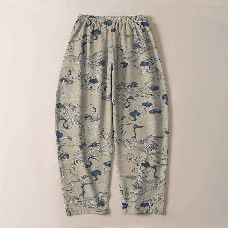 Nimara Ritual Pure Cotton Crane Cloud Pattern Drawstring Men's Tapered Pants With Pockets