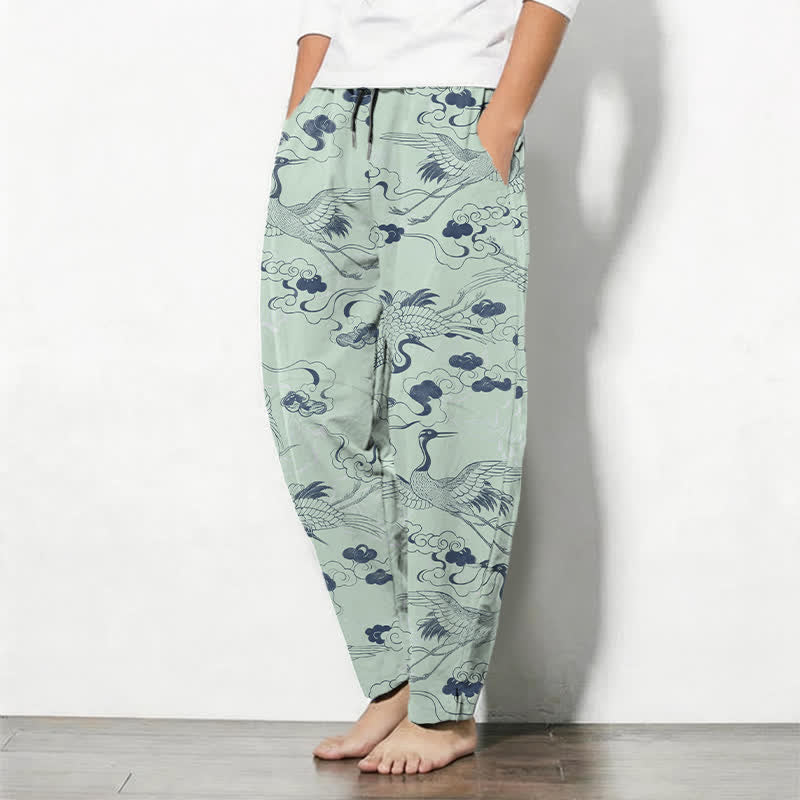 Nimara Ritual Pure Cotton Crane Cloud Pattern Drawstring Men's Tapered Pants With Pockets