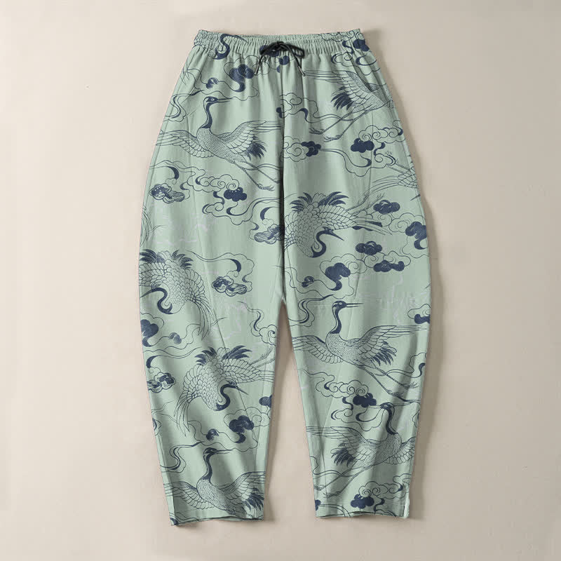 Nimara Ritual Pure Cotton Crane Cloud Pattern Drawstring Men's Tapered Pants With Pockets