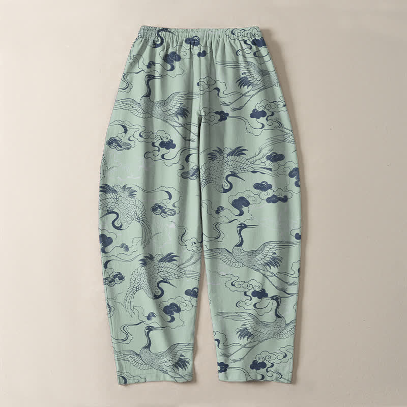 Nimara Ritual Pure Cotton Crane Cloud Pattern Drawstring Men's Tapered Pants With Pockets
