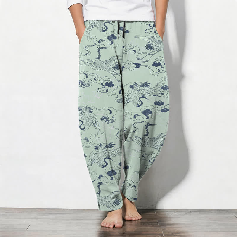 Nimara Ritual Pure Cotton Crane Cloud Pattern Drawstring Men's Tapered Pants With Pockets