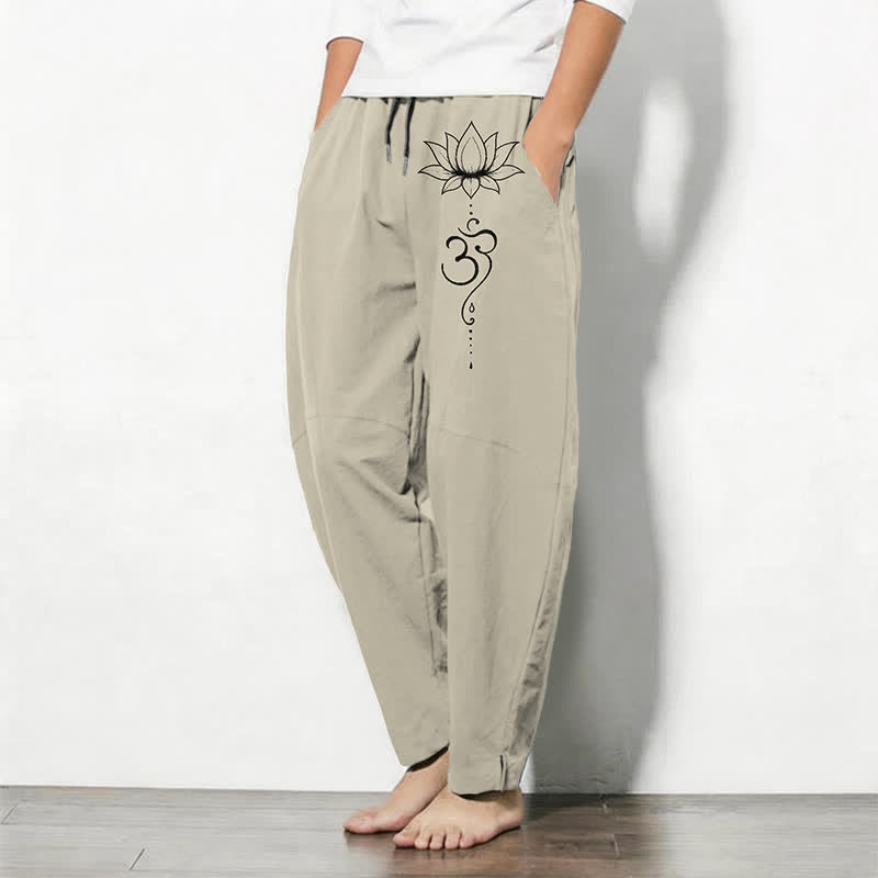 Nimara Ritual Pure Cotton Lotus Om Pattern Drawstring Men's Tapered Pants With Pockets