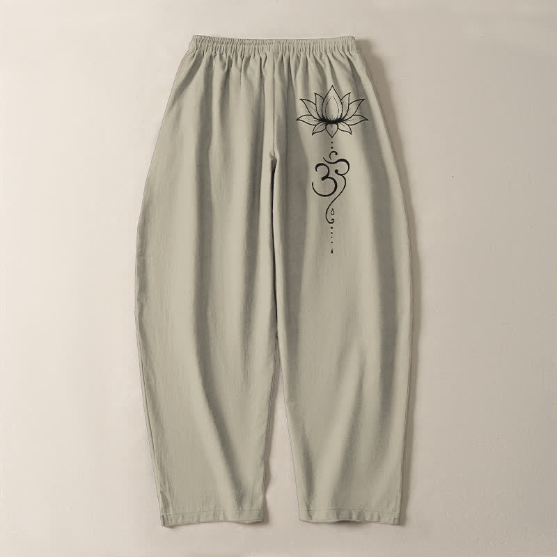Nimara Ritual Pure Cotton Lotus Om Pattern Drawstring Men's Tapered Pants With Pockets