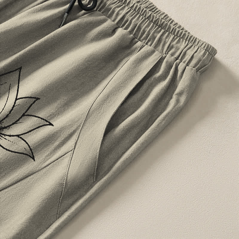 Nimara Ritual Pure Cotton Lotus Om Pattern Drawstring Men's Tapered Pants With Pockets