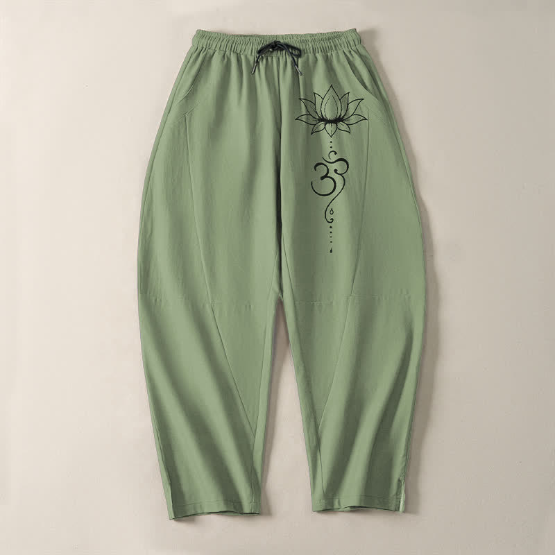Nimara Ritual Pure Cotton Lotus Om Pattern Drawstring Men's Tapered Pants With Pockets