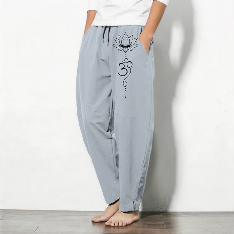 Nimara Ritual Pure Cotton Lotus Om Pattern Drawstring Men's Tapered Pants With Pockets