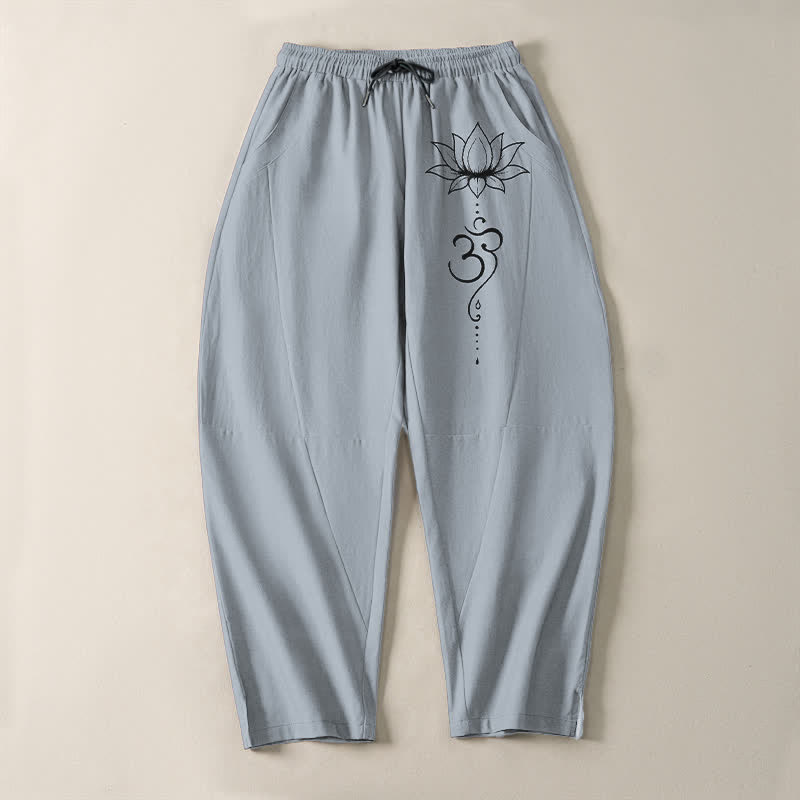 Nimara Ritual Pure Cotton Lotus Om Pattern Drawstring Men's Tapered Pants With Pockets