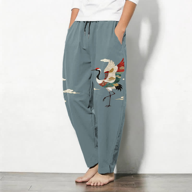 Nimara Ritual Pure Cotton Multicolor Crane Cloud Pattern Drawstring Men's Tapered Pants With Pockets