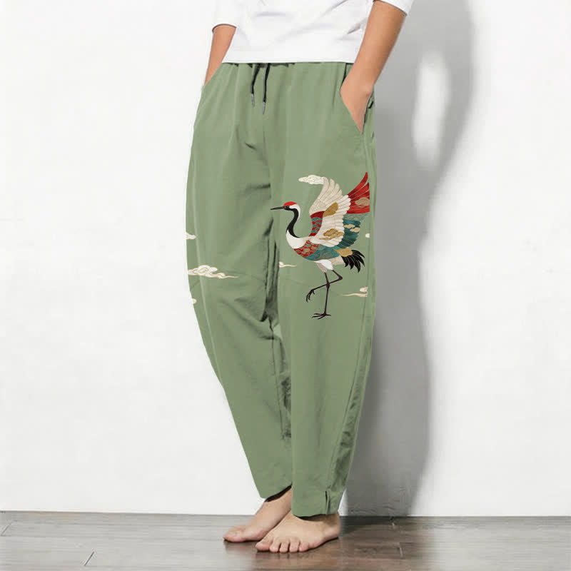 Nimara Ritual Pure Cotton Multicolor Crane Cloud Pattern Drawstring Men's Tapered Pants With Pockets
