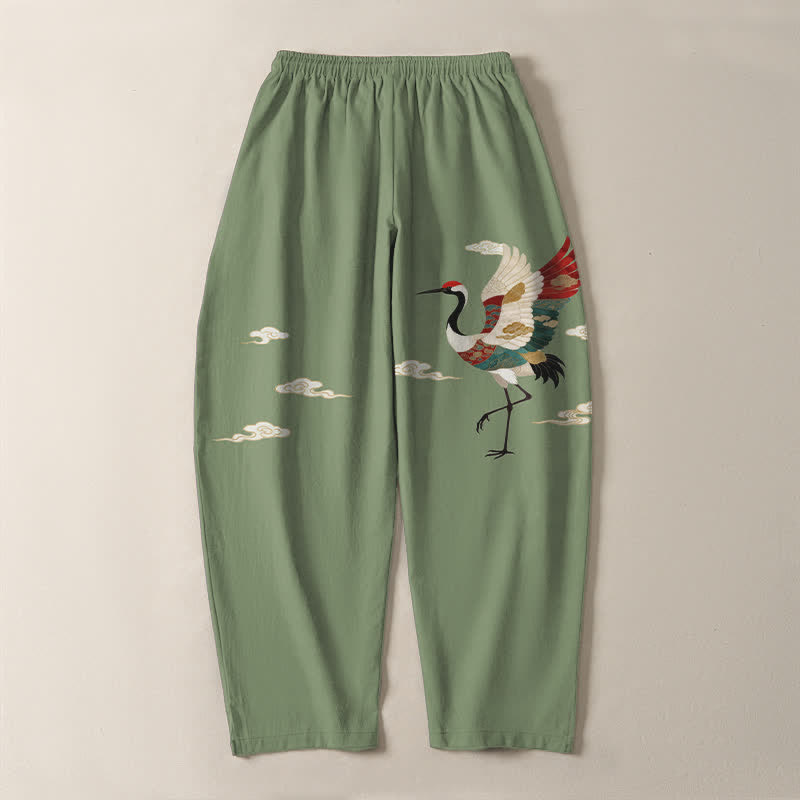 Nimara Ritual Pure Cotton Multicolor Crane Cloud Pattern Drawstring Men's Tapered Pants With Pockets