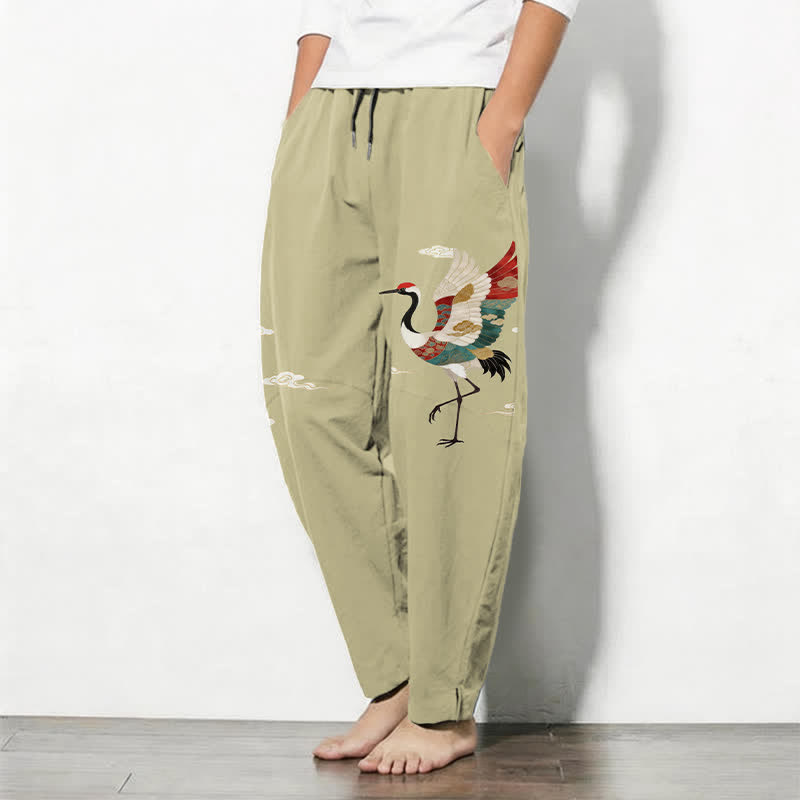 Nimara Ritual Pure Cotton Multicolor Crane Cloud Pattern Drawstring Men's Tapered Pants With Pockets