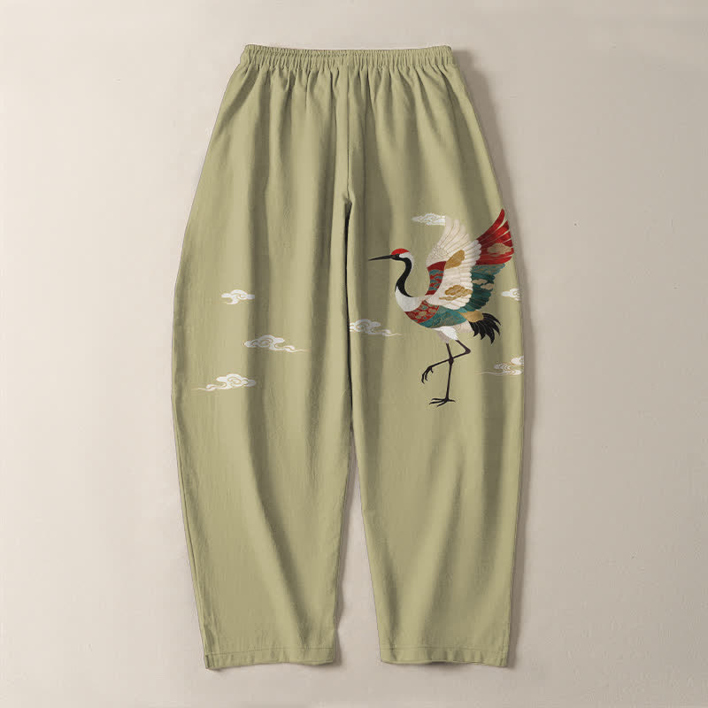 Nimara Ritual Pure Cotton Multicolor Crane Cloud Pattern Drawstring Men's Tapered Pants With Pockets
