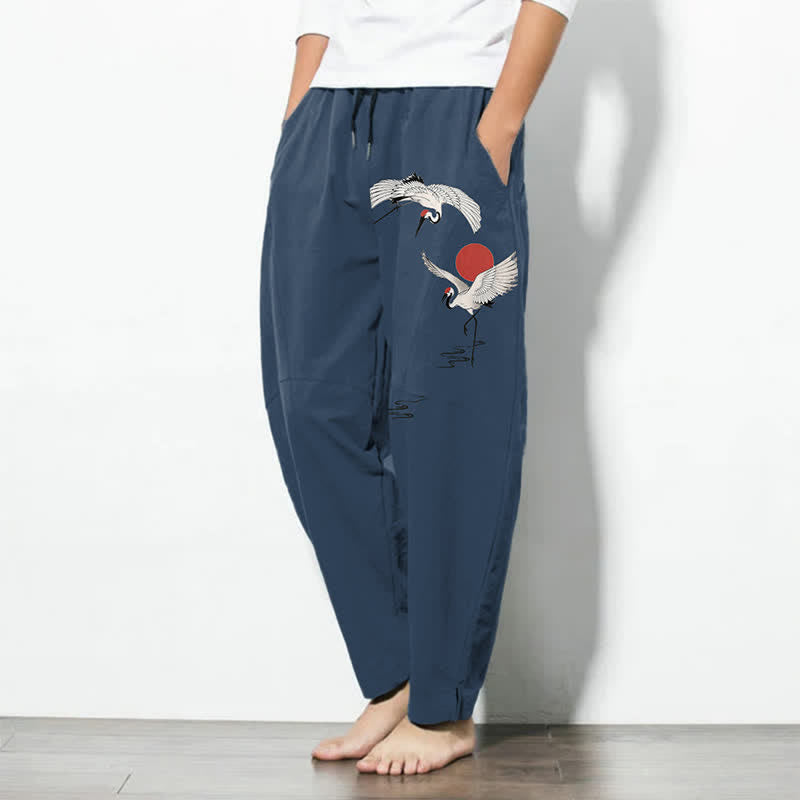 Nimara Ritual Pure Cotton Crane Red Sun Pattern Drawstring Men's Tapered Pants With Pockets