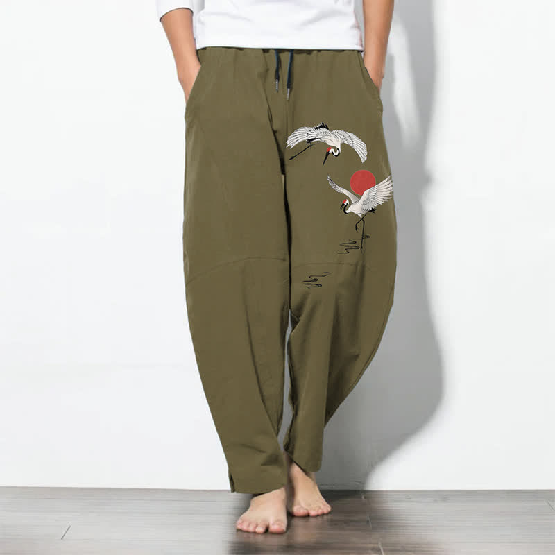 Nimara Ritual Pure Cotton Crane Red Sun Pattern Drawstring Men's Tapered Pants With Pockets