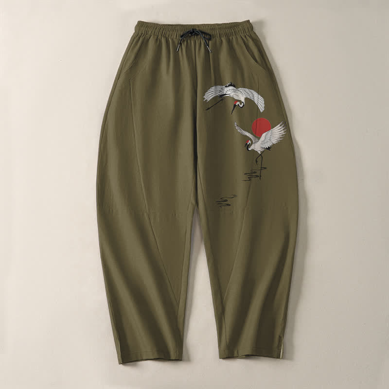 Nimara Ritual Pure Cotton Crane Red Sun Pattern Drawstring Men's Tapered Pants With Pockets