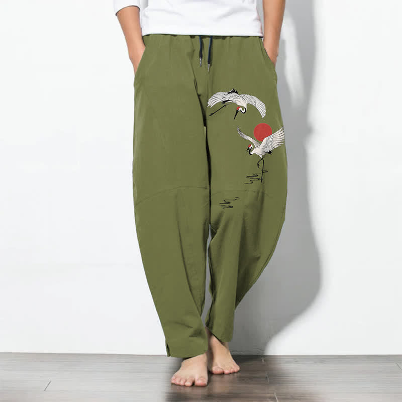 Nimara Ritual Pure Cotton Crane Red Sun Pattern Drawstring Men's Tapered Pants With Pockets