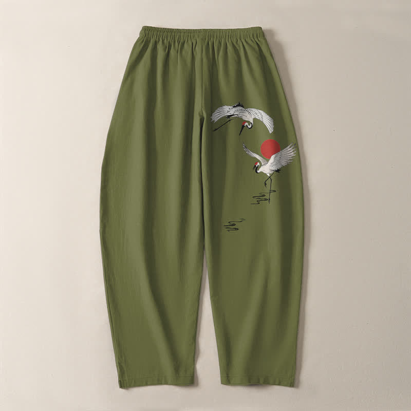 Nimara Ritual Pure Cotton Crane Red Sun Pattern Drawstring Men's Tapered Pants With Pockets