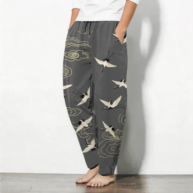 Nimara Ritual Pure Cotton White Red-crowned Crane Clouds Pattern Drawstring Men's Tapered Pants With Pockets